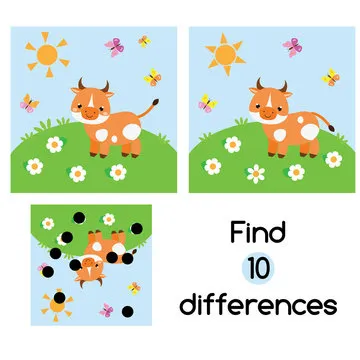 Find the differences educational children game. Kids activity sheet with cow on meadow