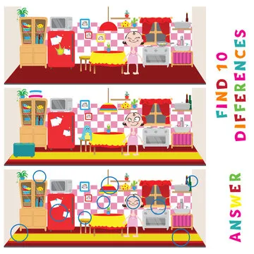 Find ten differences learning game for kids. Vector amusement activity.