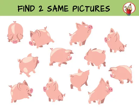 Cute little pigs set. Find two same pictures. Educational matching game for children. Cartoon vector illustration