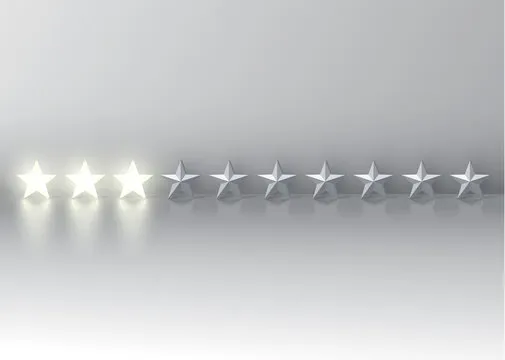 Three-star rating with glowing 3D stars, vector illustration