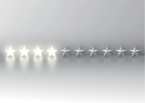 Four-star rating with glowing 3D stars, vector illustration
