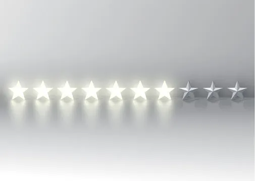 Seven-star rating with glowing 3D stars, vector illustration