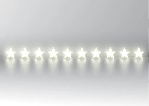 Ten-star rating with glowing 3D stars, vector illustration