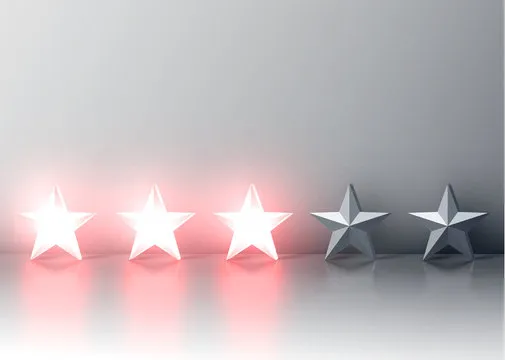 Glowing red 3D star rating, vector illustartion