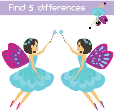 Find the differences educational children game. Kids activity sheet. Beautiful flying fairy