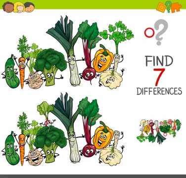 find differences game with vegetables characters