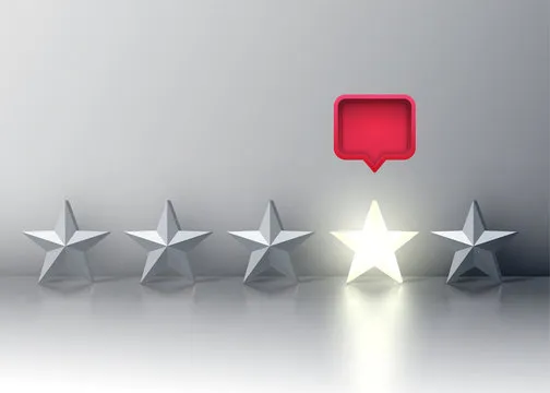 Five-star rating with glowing star and a red speech bubble above, vector illustartion