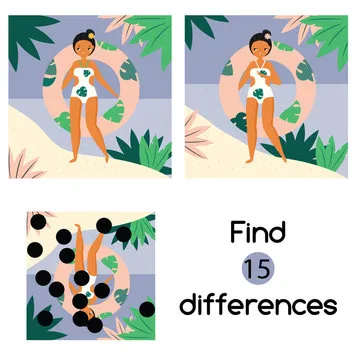 Find the differences educational children game. Kids activity sheet with summer girl on beach