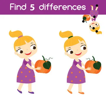 Find the differences educational children game. Kids activity sheet with girl holding pumpkin. Halloween theme
