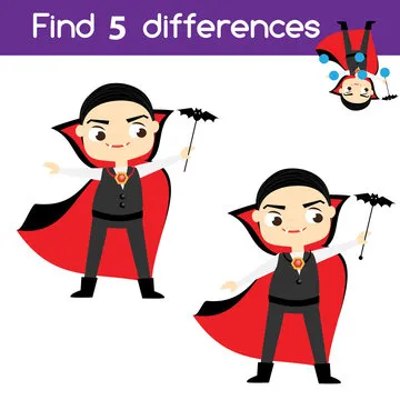 Find the differences educational children game. Kids activity sheet with boy in vampire costume. Halloween theme