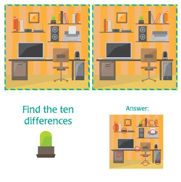 Cartoon Vector of Finding Differences Between Pictures Educational Activity Game - office item