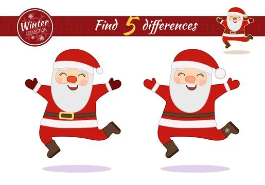 Find differences.  Educational game for children. Cartoon vector illustration. Christmas collection. Cartoon Santa Claus jumps up
