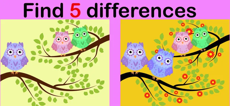 Cartoon Illustration of Find the Differences Educational Activity Game for Children with Owls