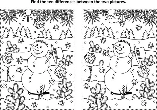 Winter holidays, New Year or Christmas themed find the ten differences picture puzzle and coloring page with happy cheerful snowman walking outdoor.