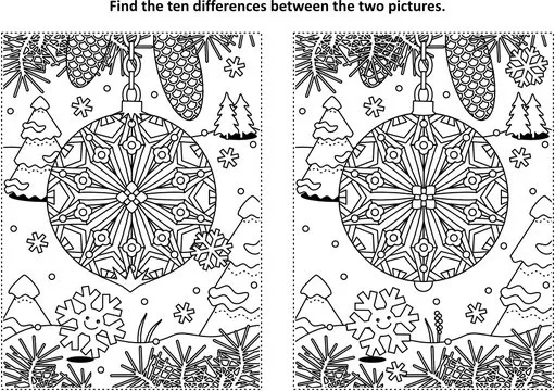 Winter holidays, New Year or Christmas themed find the ten differences picture puzzle and coloring page with christmas tree ornament.
