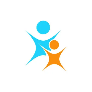 Logo of Adult and child in blue and orange. Two people. Fun. Three persons. Icon for mobile applications.Dancing people. .vector illustration.