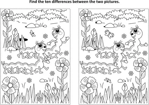 Spring or summer themed find the ten differences picture puzzle and coloring page with two cute caterpillars walking in the garden