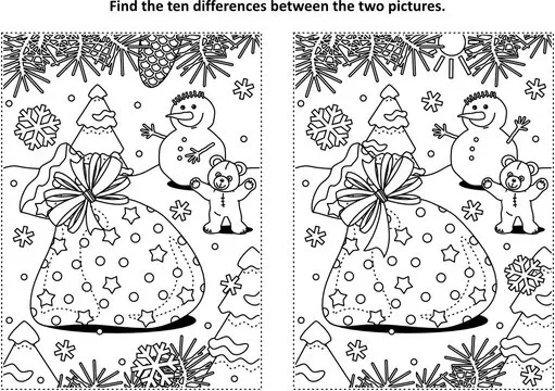 Winter holidays themed find the ten differences picture puzzle and coloring page with Santa's sack, teddy bear, snowman.
