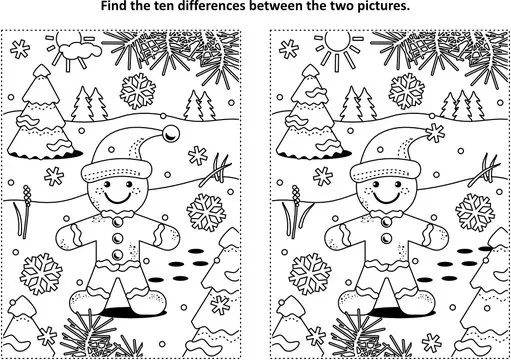 Winter holidays, Christmas or New Year themed find the ten differences picture puzzle and coloring page with gingerbread man cookie.