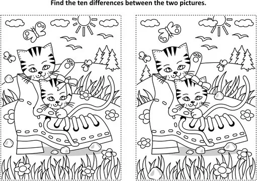 Find the ten differences picture puzzle and coloring page with two cute playful kittens and old shoe