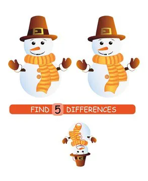 Find differences between pictures. Vector cartoon educational game. Cute snowman in a scarf.