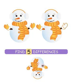 Find differences between pictures. Vector cartoon educational game. Cute snowman in a scarf.
