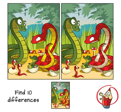 Family of snakes. Find 10 differences. Educational matching game for children. Cartoon vector illustration