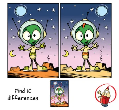 Alien in a spacesuit and helmet. Find 10 differences. Educational matching game for children. Cartoon vector illustration