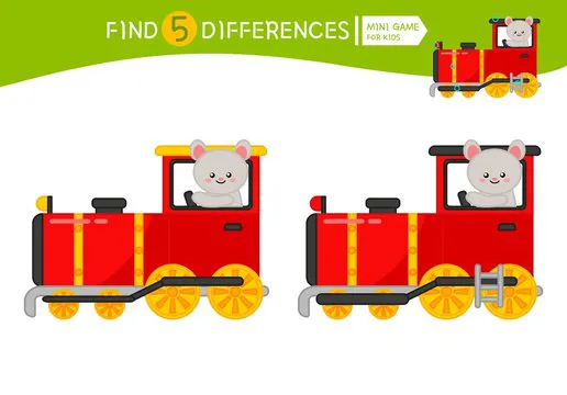 Find differences.  Educational game for children. Cartoon vector illustration of mouse in train.