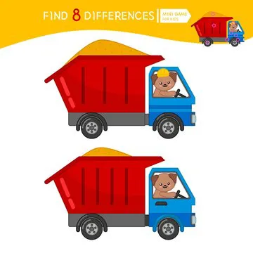 Find differences.  Educational game for children. Cartoon vector illustration of cute dog in truck.
