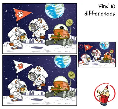 Funny cats astronauts, flag and moonrover. Find 10 differences. Educational matching game for children. Cartoon vector illustration