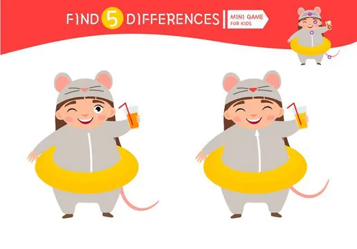 Find differences.  Educational game for children. Cartoon vector illustration of cute girl in mouse costume.