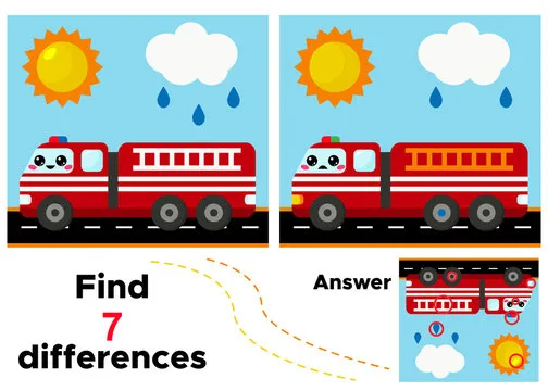 Educational game find 7 differences. Vector kawaii cartoon fire engine.