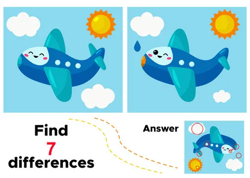 Find 7 differences. Vector kawaii cartoon plane. Educational game for kids.