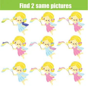 Find the same pictures. Find two identical fairy. Children educational game. fun for kids and toddlers.