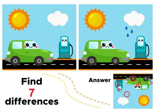 Educational game find 7 differences. Cartoon car at the gas station. Vector kawaii character.