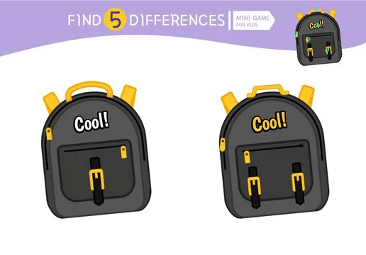 Find differences.  Educational game for children. Cartoon vector illustration of cartoon school backback.