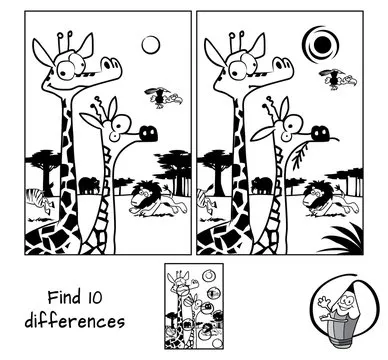 Wild animals in african savannah. Find 10 differences. Educational matching game for children. Black and white cartoon vector illustration