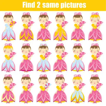 Children educational game. Find two same pictures. Cute princess