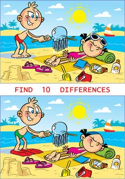 Puzzle with cartoon children on the beach, where you need to find differences in the pictures.  Vector illustration for educational and entertainment programs for children.