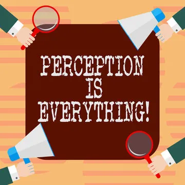 Word writing text Perception Is Everything. Business concept for how we identify failure or defeat makes difference Hu analysis Hands Each Holding Magnifying Glass and Megaphone on 4 Corners