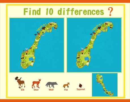 Children's game find the difference on the map of Norway.
