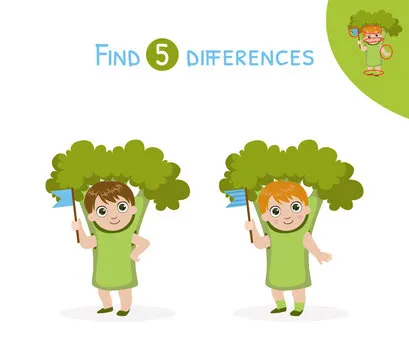 Find Differences, Educational Game for Kids, Cute Girl in Broccoli Costume Vector Illustration