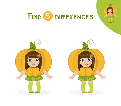 Find Differences, Educational Game for Kids, Cute Girl in Pumpkin Costume Vector Illustration