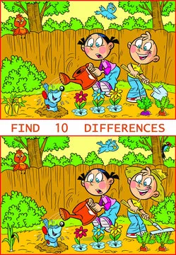 Vector illustration with a puzzle where you need to find ten differences in the pictures with working children in the garden.