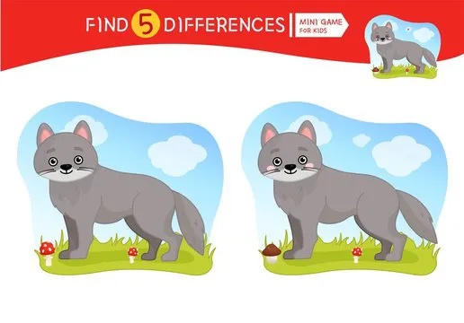 Find differences.  Educational game for children. Cartoon vector illustration of cute wolf.