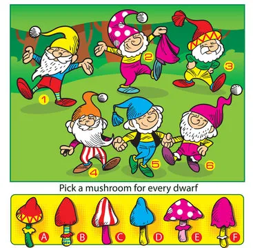 Vector illustration with a puzzle where you need to choose the right mushroom for each gnome.