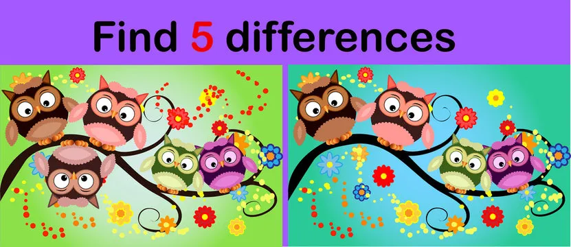Cartoon Illustration of Find the Differences Educational Activity Game for Children with Owls
