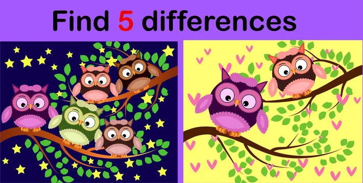 Cartoon Illustration of Find the Differences Educational Activity Game for Children with Owls