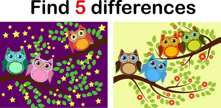 Cartoon Illustration of Find the Differences Educational Activity Game for Children with Owls